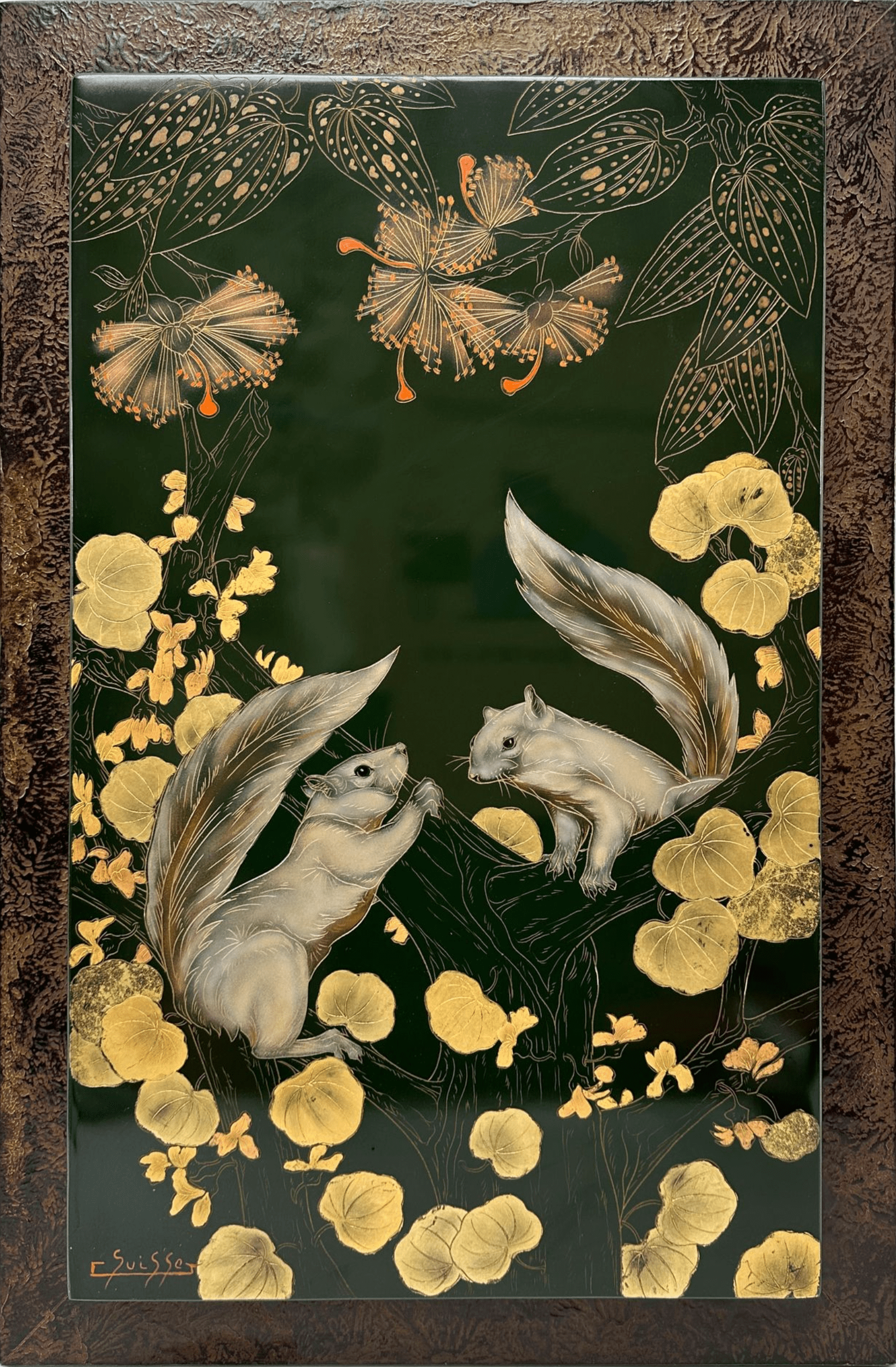 Écureuils de malaisie dans un arbre de Judée, vers 1940.